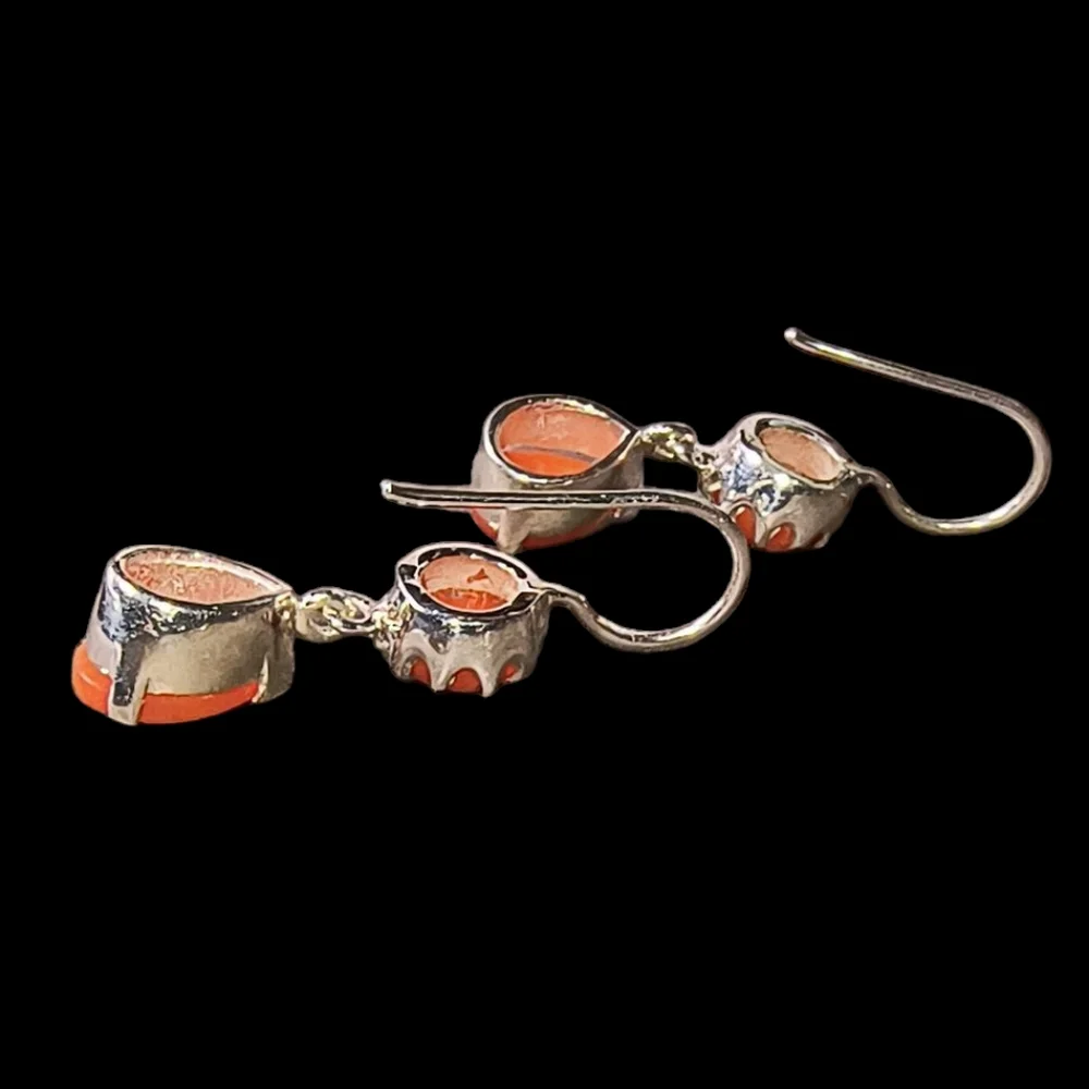 Sterling Silver Coral Dangle Earrings Teardrop & Round Cabochon Orange Gemstones